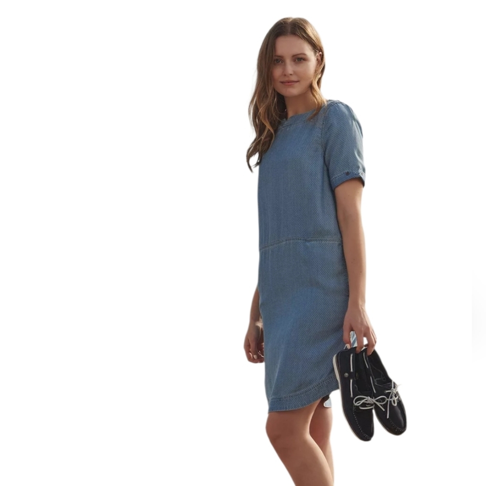 Barbour Seaward Blue Chambray w White Polka Dots Short Sleeve Dress w Pockets 10